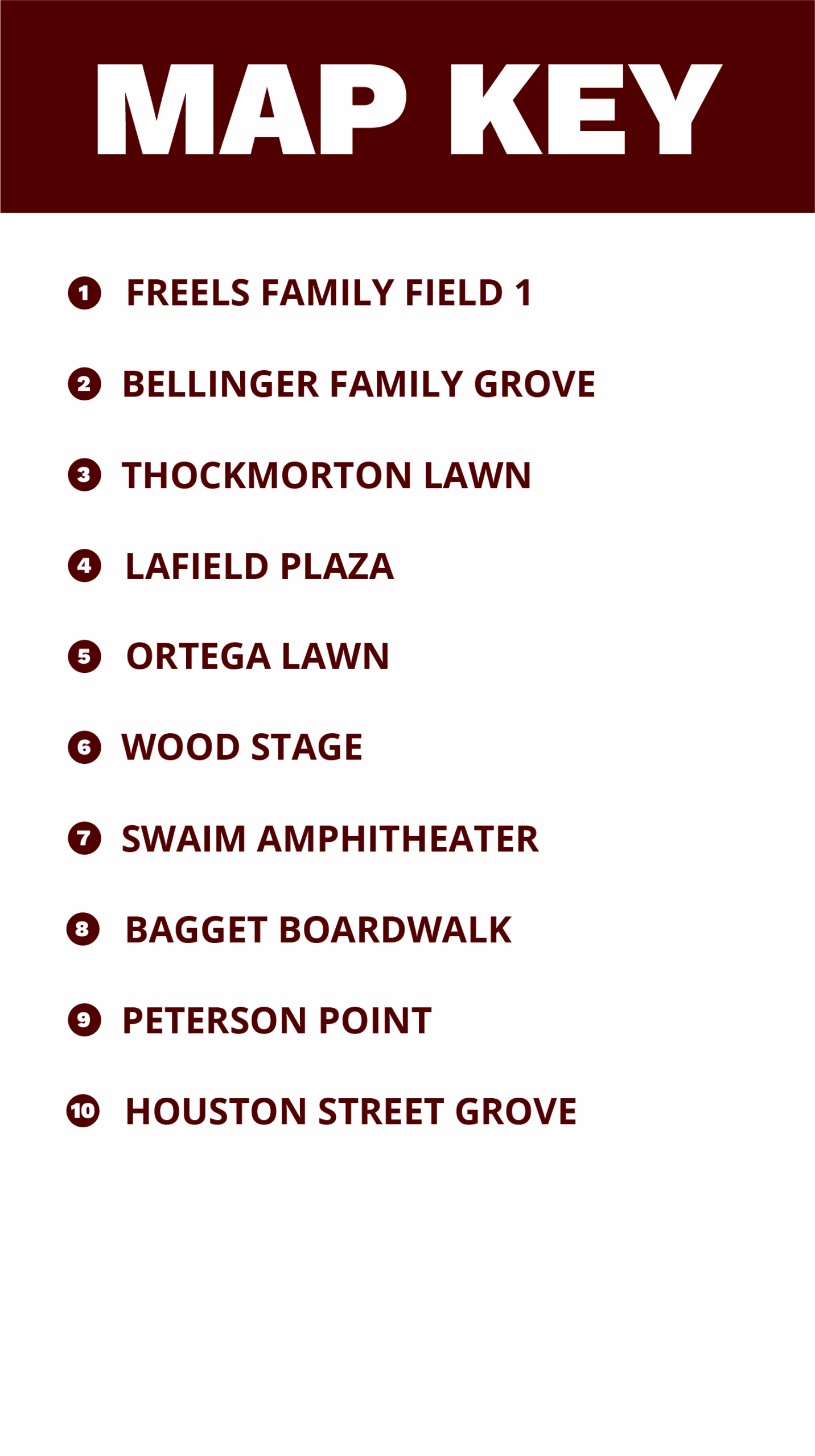 Key describing the contents of the Aggie Park event space map